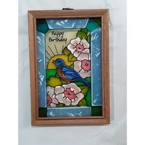 Vintage Framed Stained Glass Art "Happy Birthday " birds, flowers